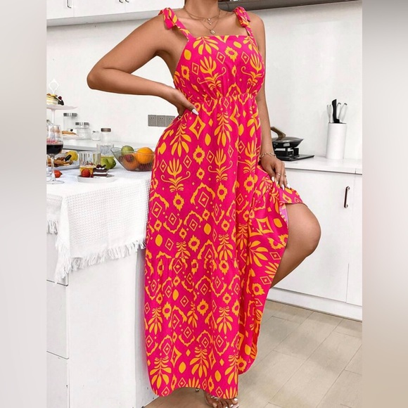 Boho Plus Size Smocked Tank Top Maxi Dress Hot Pink - Picture 5 of 5